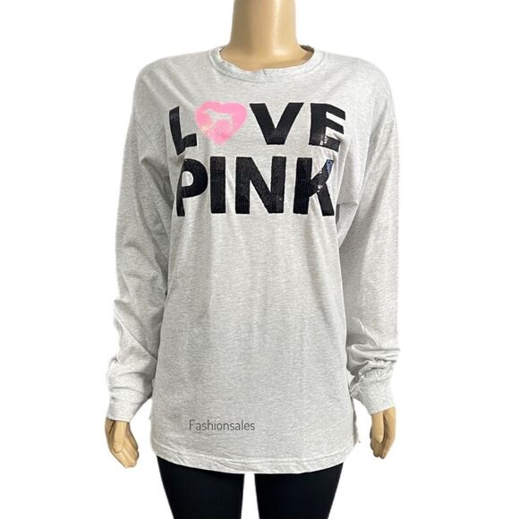 Victoria’s Secret Pink Originals bling sequins campus tee shirt long sleeve Gray - Picture 2 of 8